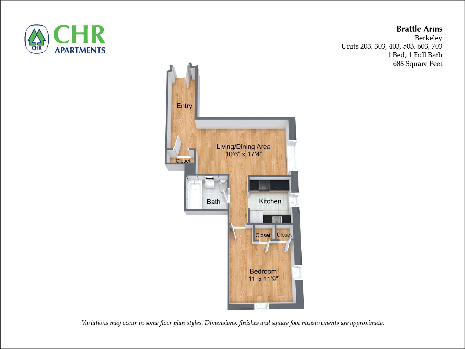 Floor plan for 1 bed, 1 bath, 831 sqft